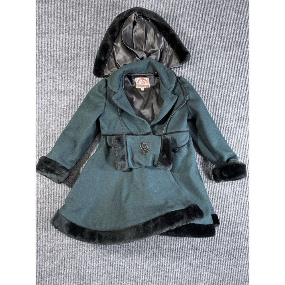 Vintage Precious Stones Girls Green Wool Overcoat‎ Faux Fur Trim  Sz 6
